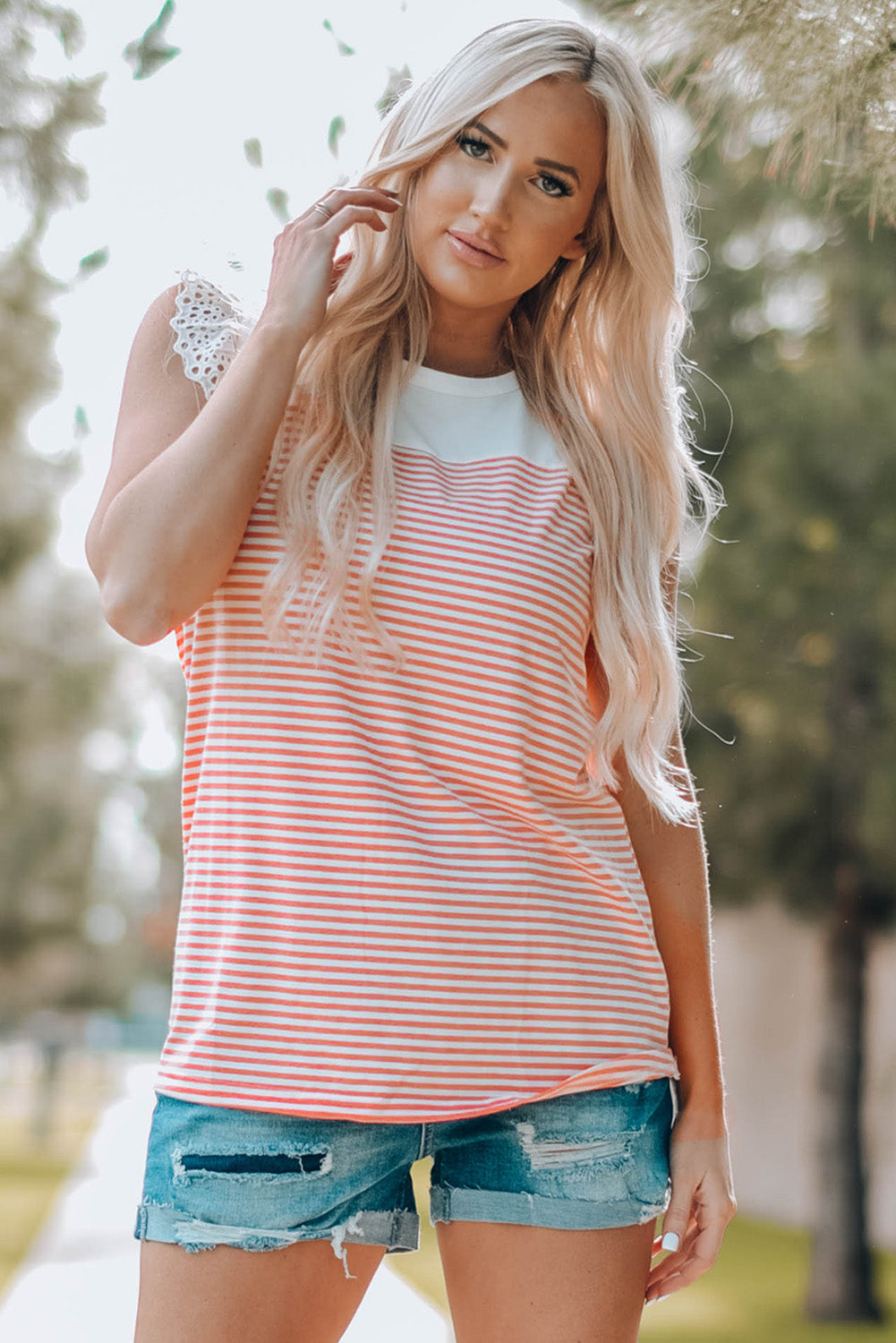 Striped Lace Trim Flutter Sleeve Top