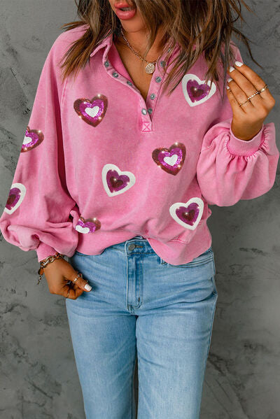 Heart Sequin Half Snap Mineral Wash Sweatshirt