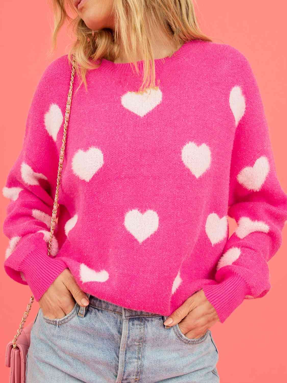 Heart Round Neck Drop Shoulder Sweater