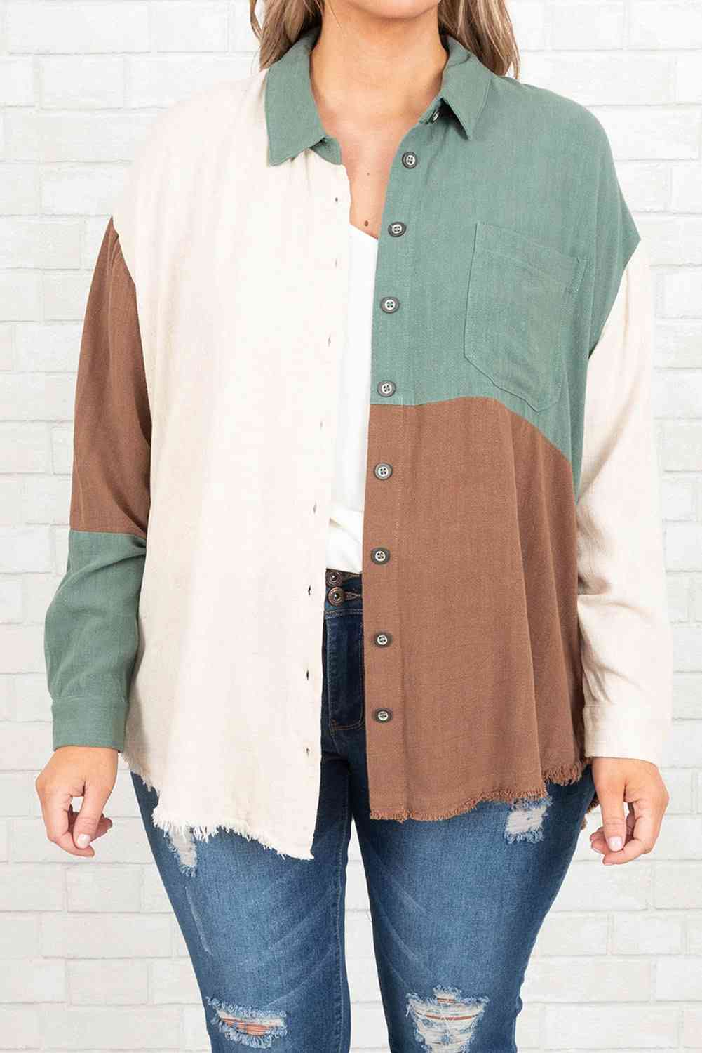 Plus Size Collared Neck Color Block Raw Hem Shirt