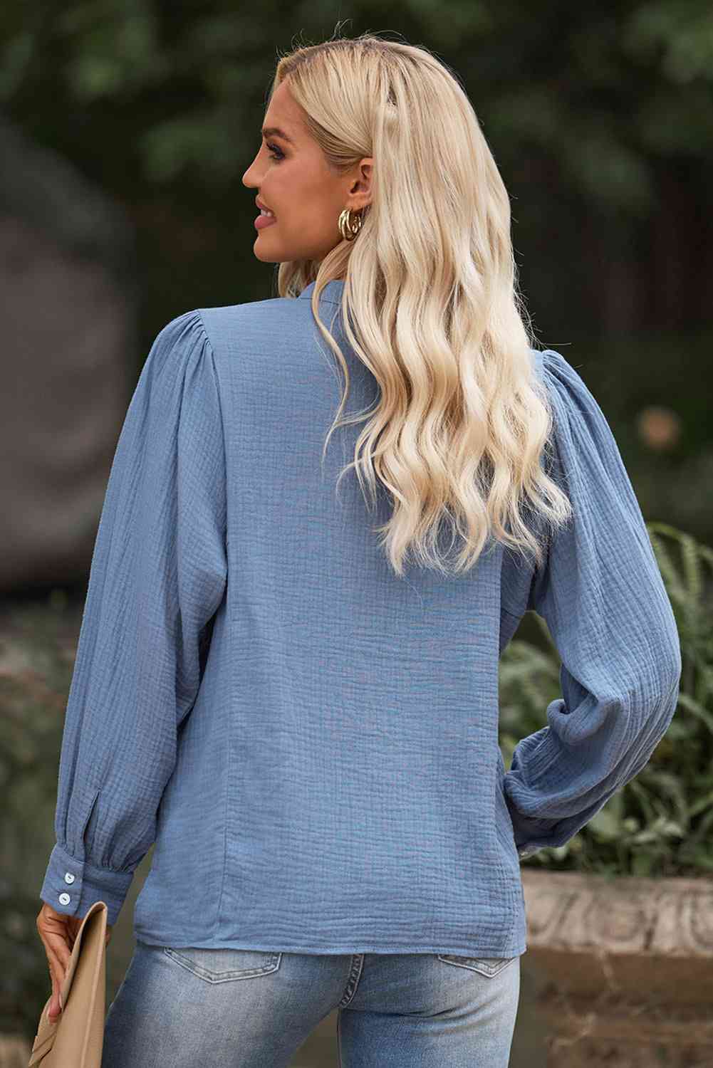 Double Take Half Button Puff Sleeve Blouse