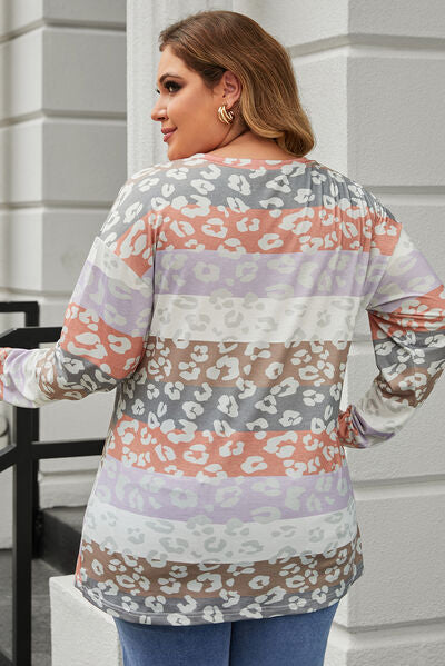 Plus Size Color Block Leopard Long Sleeve T-Shirt