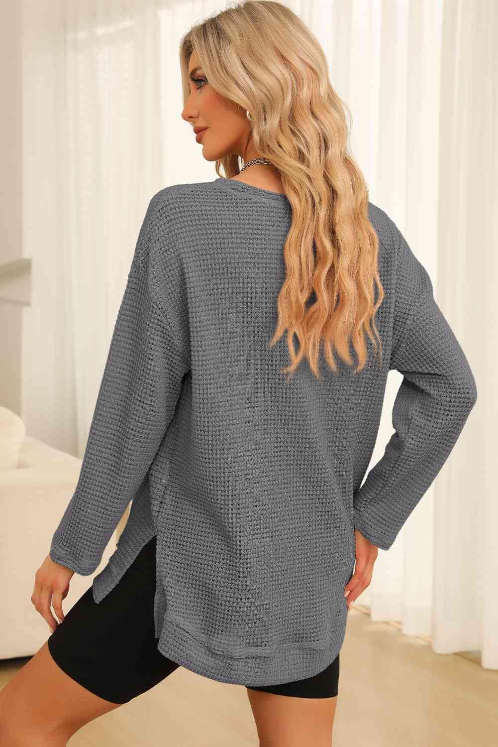Waffle-Knit Round Neck Long Sleeve Sweatshirt