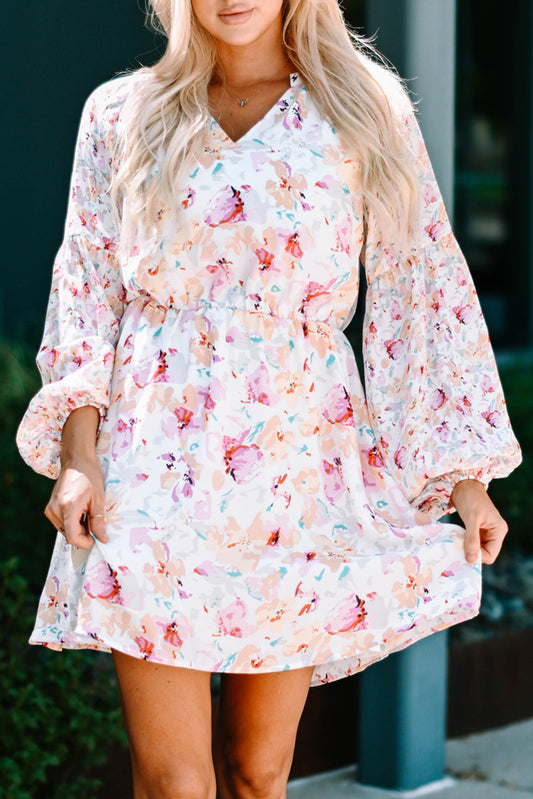 Floral Bubble Sleeve V-Neck Dress