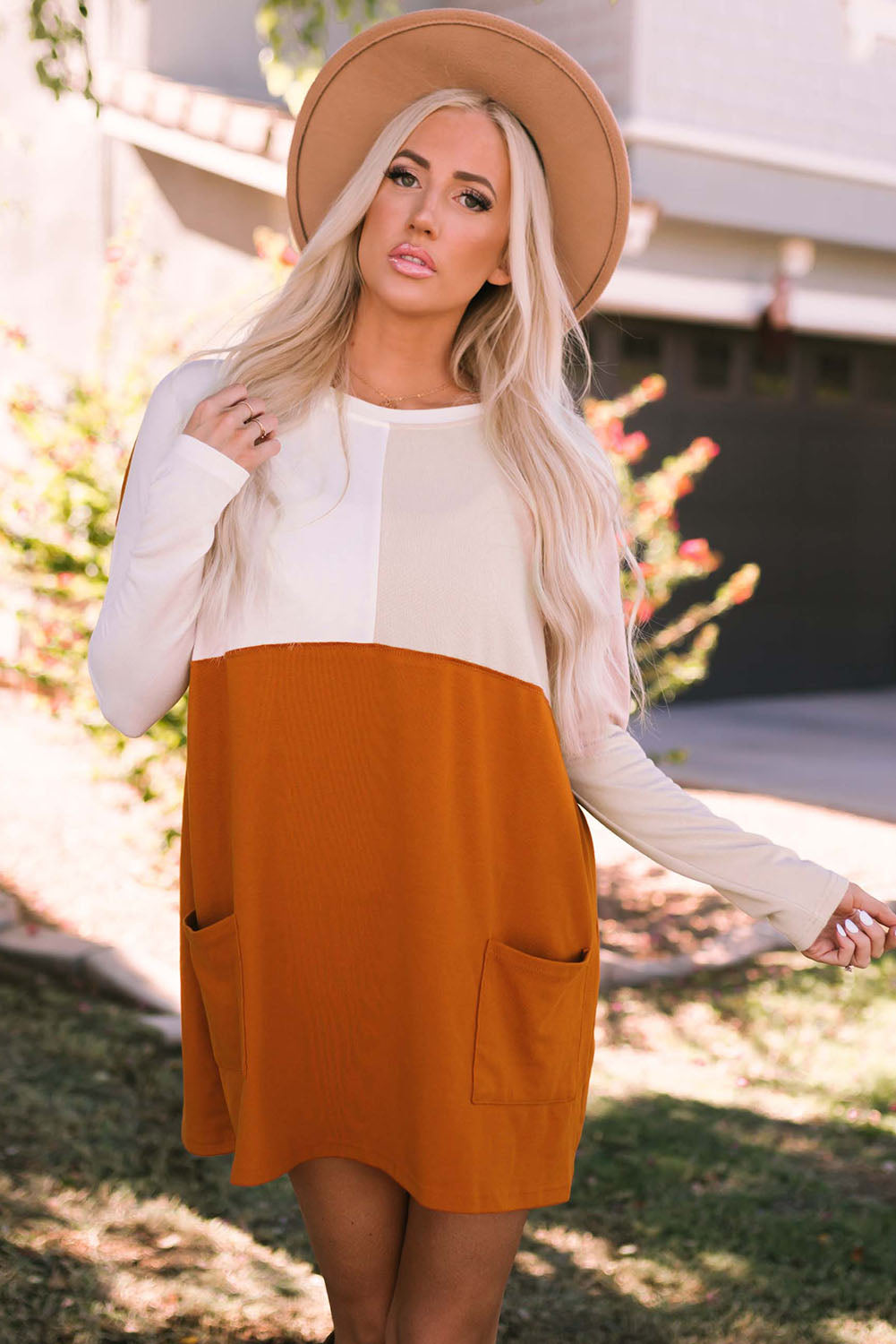 Color Block Round Neck Longline Top with Pockets
