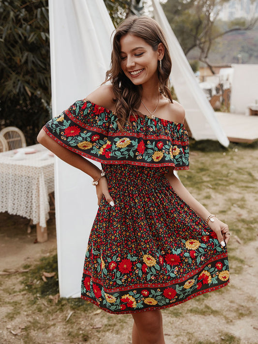 Bohemian Print Off-Shoulder Strapless Knee Length Dress