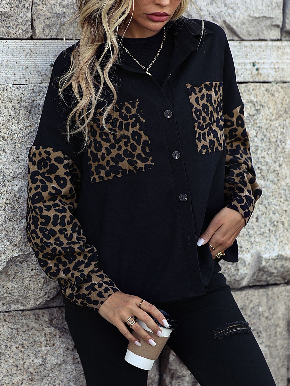 Leopard Print Buttoned Dropped Shoulder Jacket