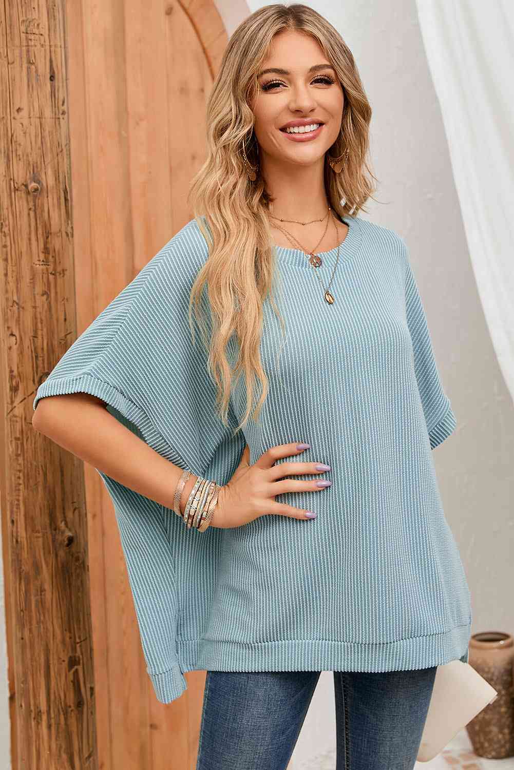 Double Take Full Size Round Neck Ribbed Slit Tunic Top