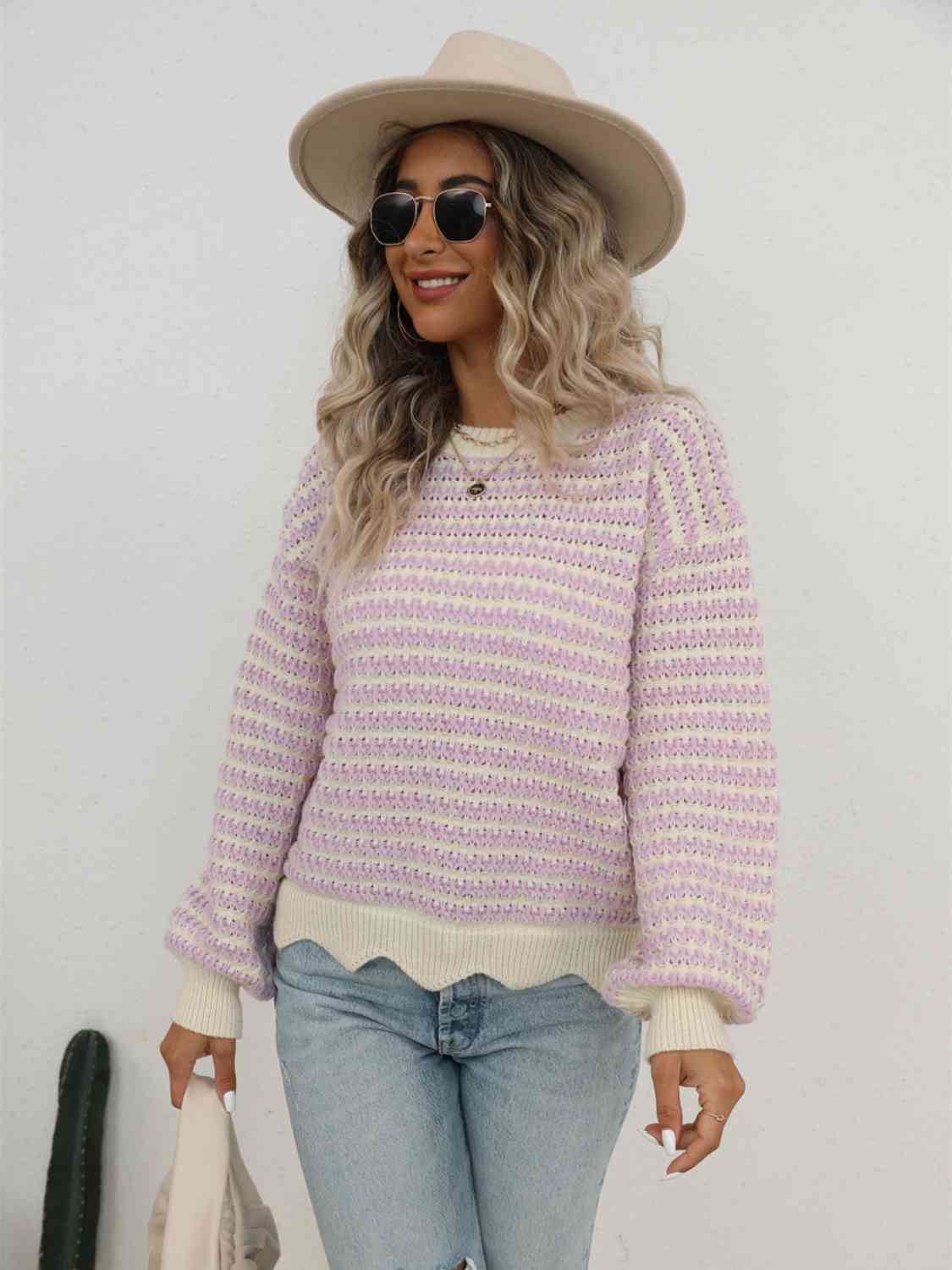 Striped Buttoned Round Neck Sweater